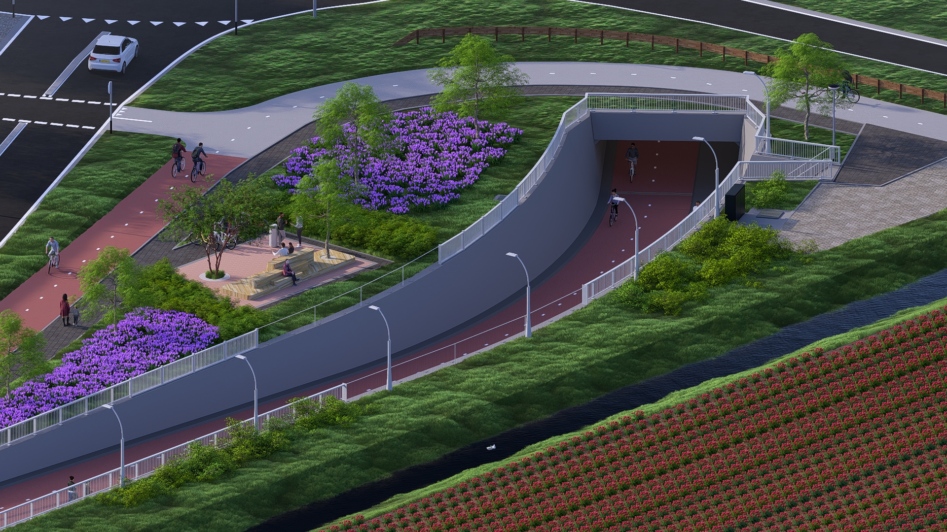 Bovenaanzicht rustpunt en tunnelingang