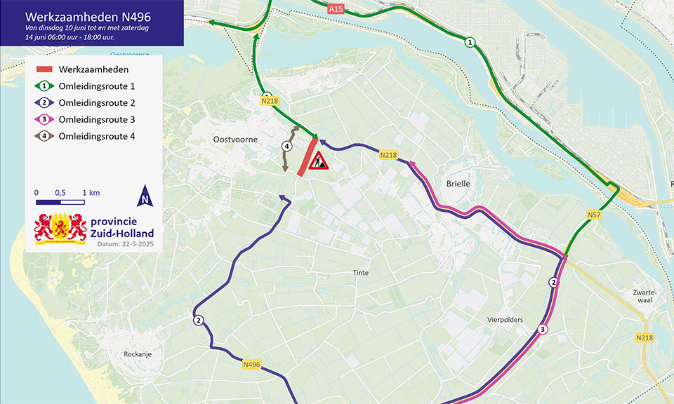 N496: werkzaamheden 10 - 21 juni 2025 bij Oostvoorne en Rockanje