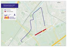 op de afbeelding staat de omleidingsroute via de Churchillaan, Haagweg, Admiraal de Ruytersingel en Bachlaan.
