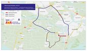 Kaart van de N217 met een tijdelijke wegafsluiting bij ’s-Gravendeel en omleidingsroutes via de A16 (blauw) en Strijen/Moerdijk (bruin).